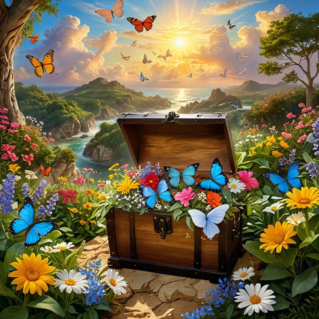 A serene landscape illustrating the concept of joy, featuring an open treasure chest overflowing with colorful resources like books, vibrant flowers, and uplifting quotes. Sunlight beams are breaking through lush greenery, creating a warm and inviting atmosphere. A person with a joyful expression is interacting with the resources, symbolizing a blissful lifestyle. Ethereal butterflies and soft clouds float overhead, adding a whimsical touch. super-realistic. vibrant colors. peaceful background.