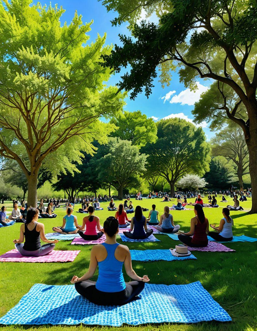 A vibrant scene of a sunlit park filled with diverse people engaging in joyful activities, such as yoga, painting, and having picnics, surrounded by blooming flowers and lush greenery. The sky is bright blue with fluffy white clouds, radiating warmth and positivity. Add elements of mindfulness and wellness, like meditation cushions and healthy snacks scattered throughout. super-realistic. vibrant colors. peaceful atmosphere.