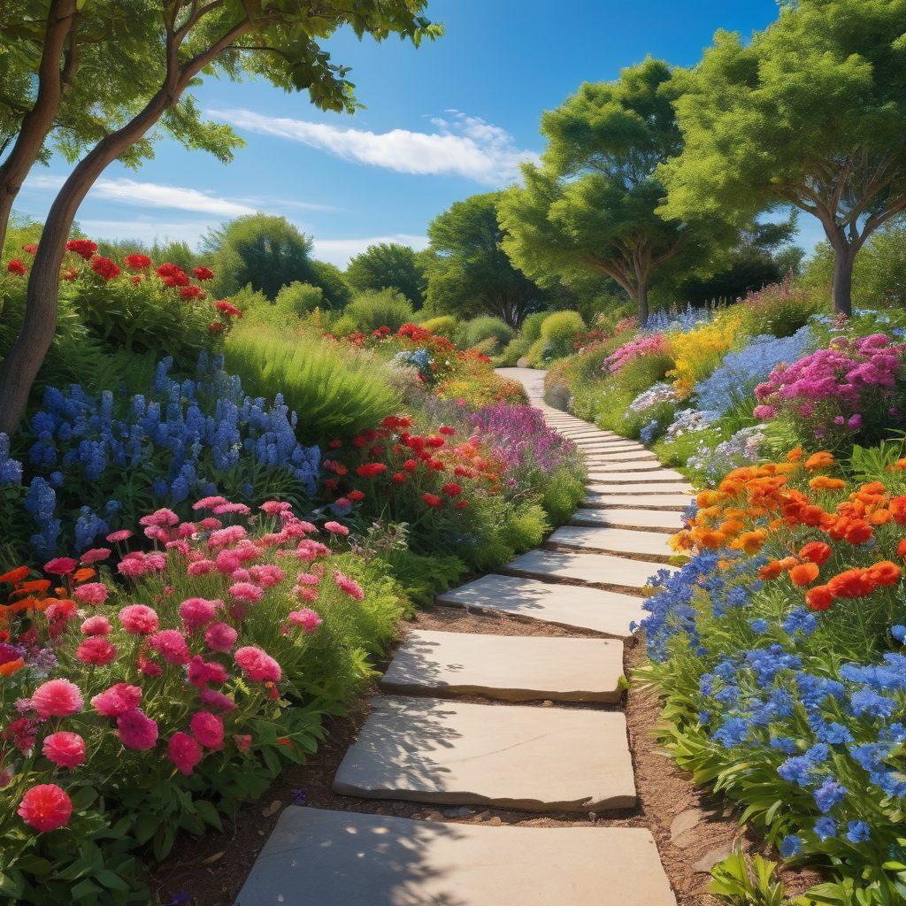 A serene landscape with a winding path representing a happiness journey, surrounded by lush greenery and colorful flowers. Include various free materials like books, notebooks, and art supplies scattered along the path, symbolizing accessible resources. A clear blue sky to evoke positivity and hope. The scene is inviting and uplifting, capturing the essence of transformation and growth. vibrant colors. 3D.